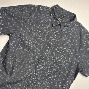Prana Slim Fit Short Sleeve Button Down Shirt Gray Floral Organic Cotton Mens M